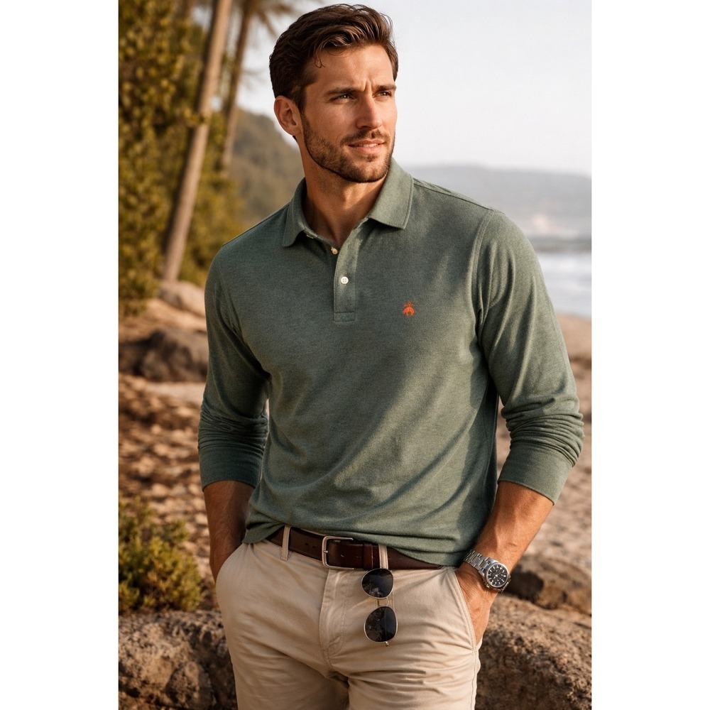 Brooks Brothers Green Men 100% Cotton Long Sleeve Polo Shirt Original Fit size L